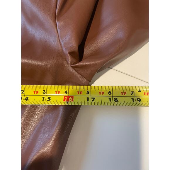 Zara Faux Leather Mini Dress NWT Brown Surplice V-Neck Ruched Long Sleeves Sz M - Picture 10 of 12